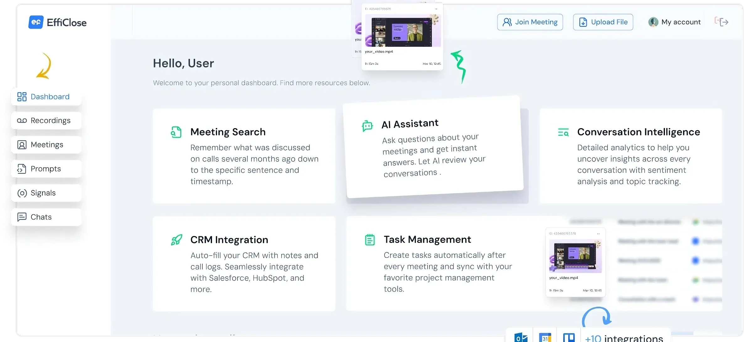 Efficlose meeting transcription interface showing real-time transcription and speaker identification
