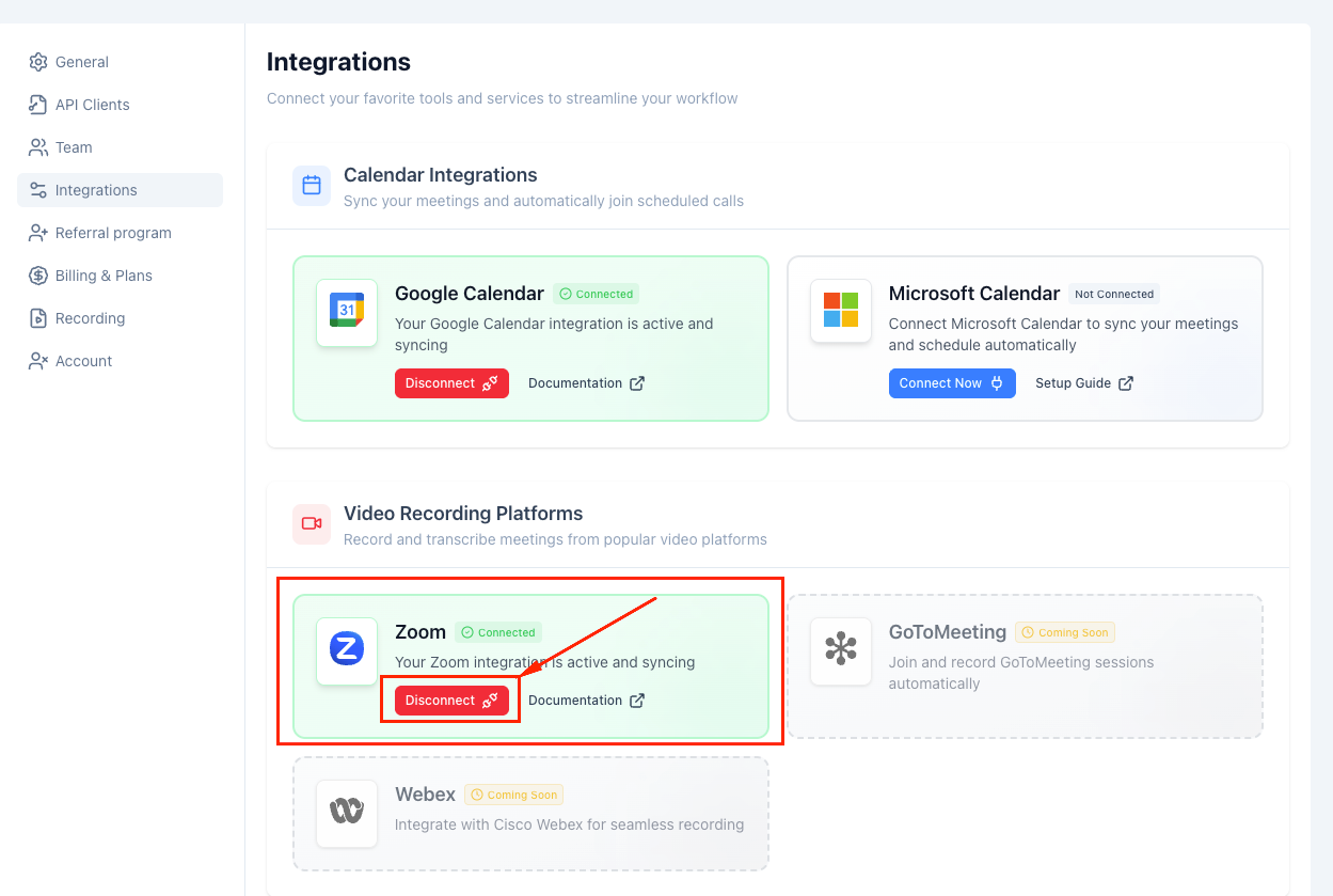 Find the Zoom integration and click Disconnect